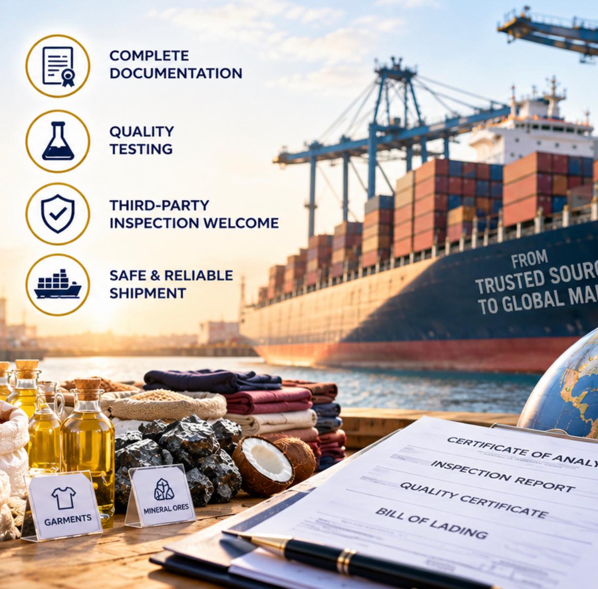 Complete documentation, quality testing, third-party inspection welcome, and safe and reliable shipment: a container ship at port with product samples and export certificates